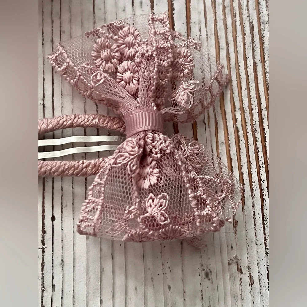Dusty Rose Lace Bow Hair Clips - Set of 2 - Picture 10 of 12